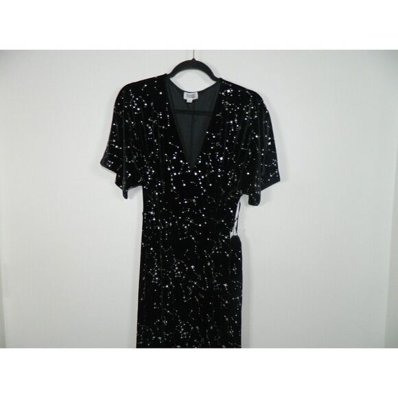 Unique Vintage Dress Medium 6/8 Black Silver‎ Star Print Black Velvet Whimisgoth - Picture 6 of 11